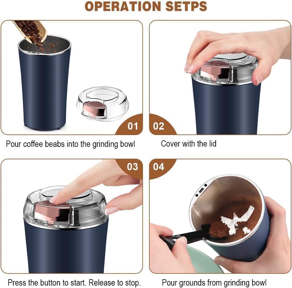 4-Blade Electric Coffee & Spice Grinder – Stainless Steel Portable Mixer for Masala, Herbs, Dry Spices & Nuts – Push Button Control, Compact & Durable for Home Kitchen